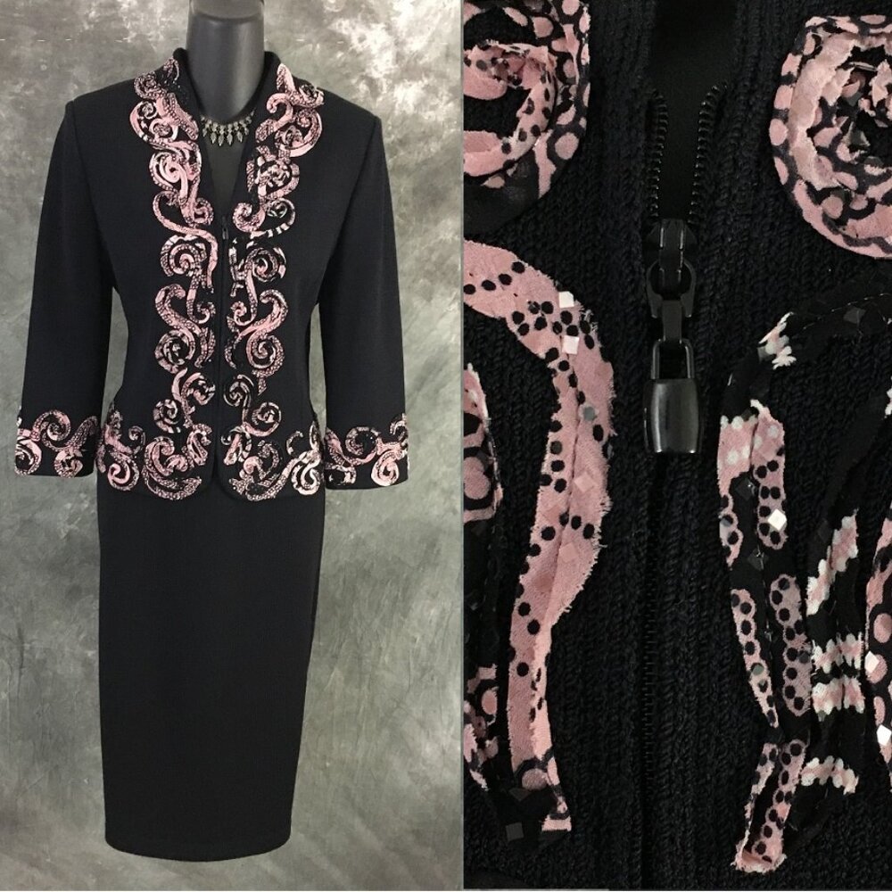 BEAUTIFUL st john Collection knit pink black paillettes jacket skirt suit size 6